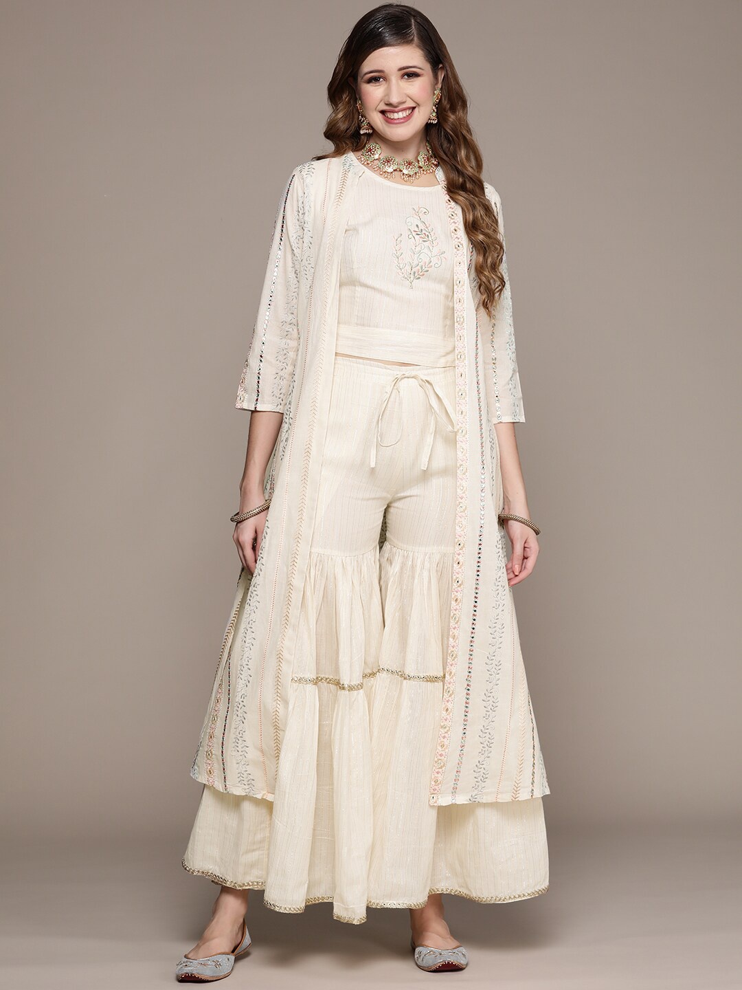 

Ishin Women Off White Yoke Design Mirror Work Kurti with Palazzos & With Dupatta