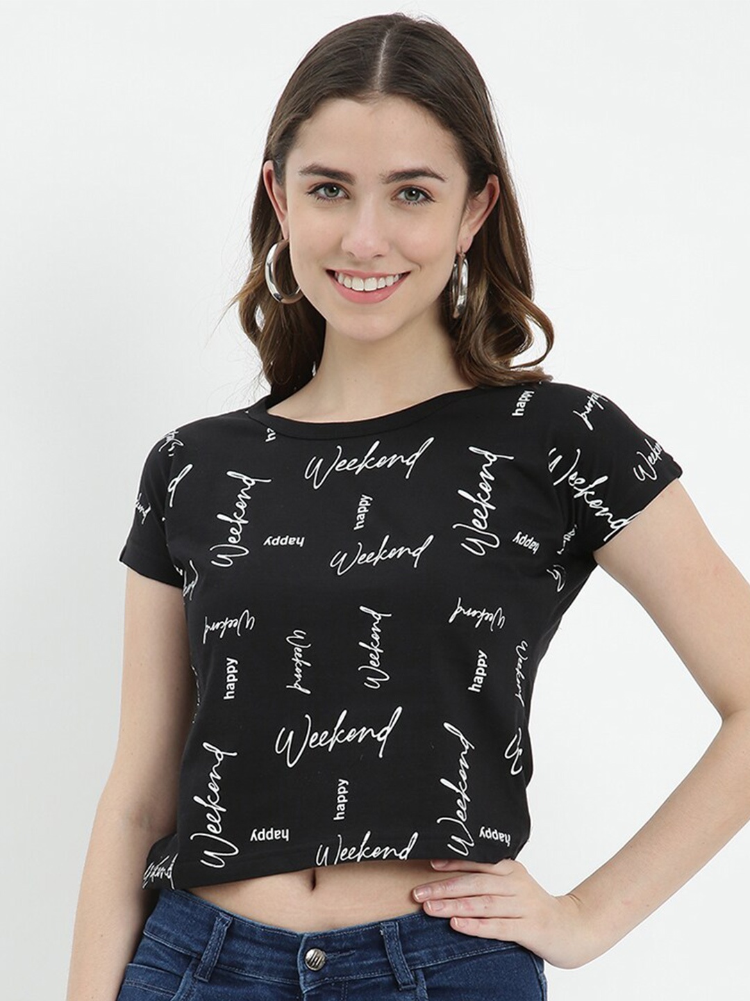 

V2 Value & Variety Women Black Typography Printed Pure Cotton Slim Fit T-shirt