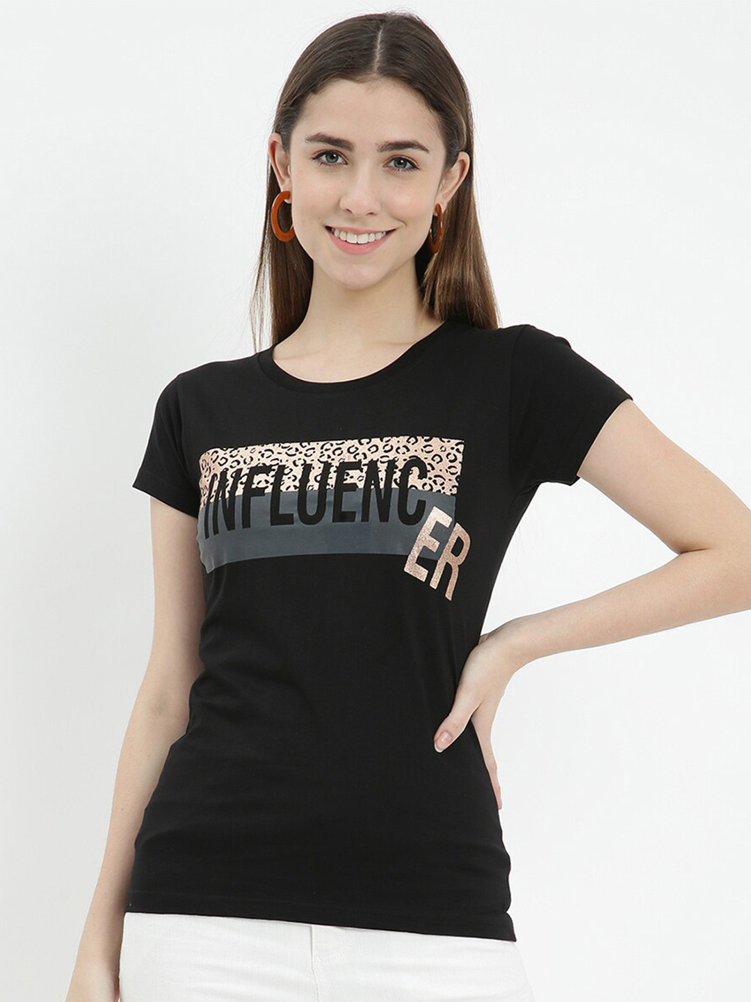 

V2 Value & Variety Women Black Typography Printed Pure Cotton Slim Fit T-shirt