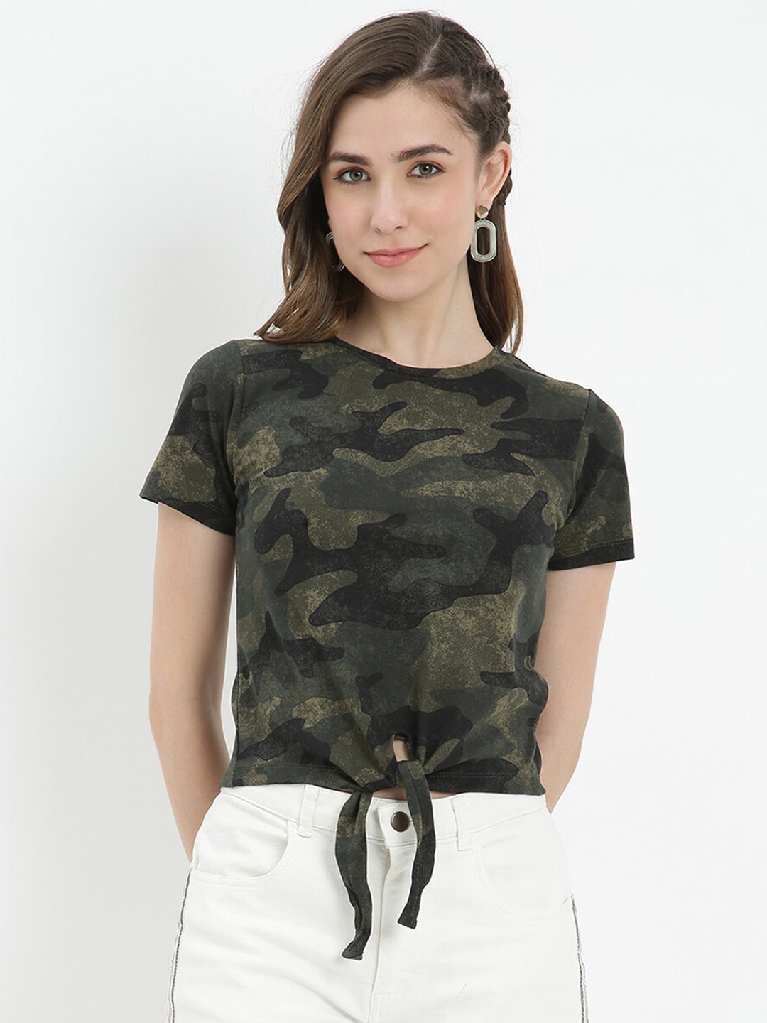 

V2 Value & Variety Women Green Camouflage Printed Slim Fit T-shirt