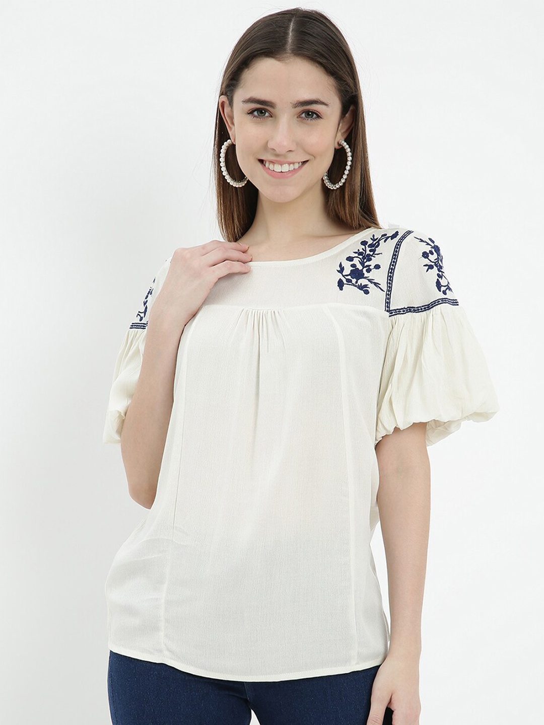 

V2 Value & Variety White Floral Self Design Top
