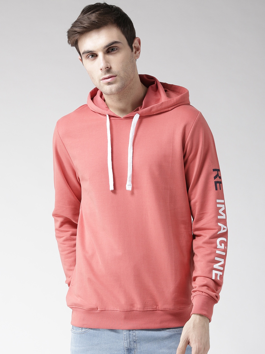 

Mast & Harbour Men Coral Orange Solid Hooded Sweatshirt