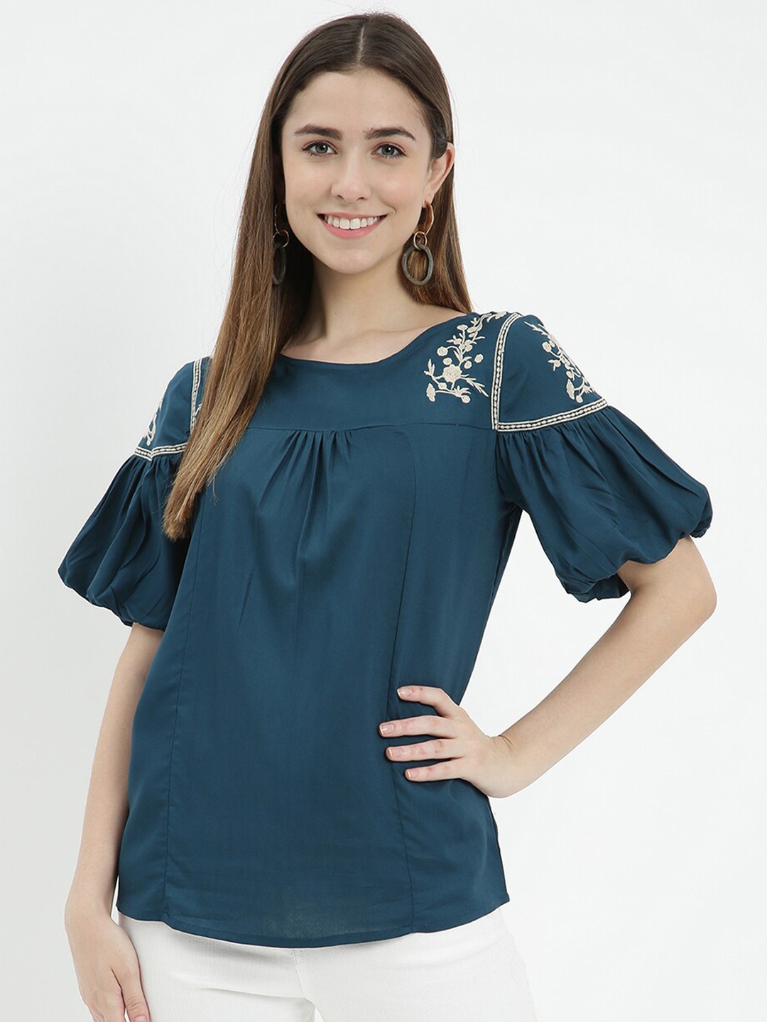

V2 Value & Variety Blue Embroidered Pleated Top