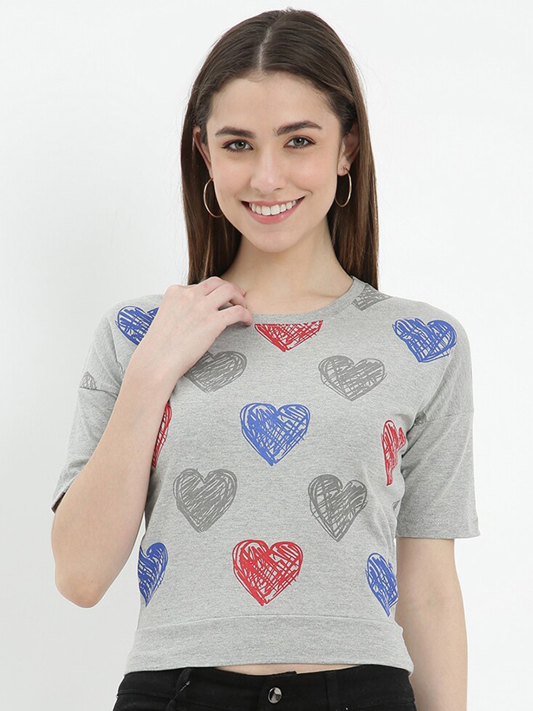 

V2 Value & Variety Women Grey & Blue Printed Pure Cotton Slim Fit T-shirt