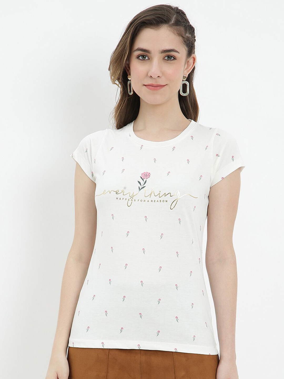 

V2 Value & Variety Women White Floral Printed Pure Cotton Slim Fit T-shirt