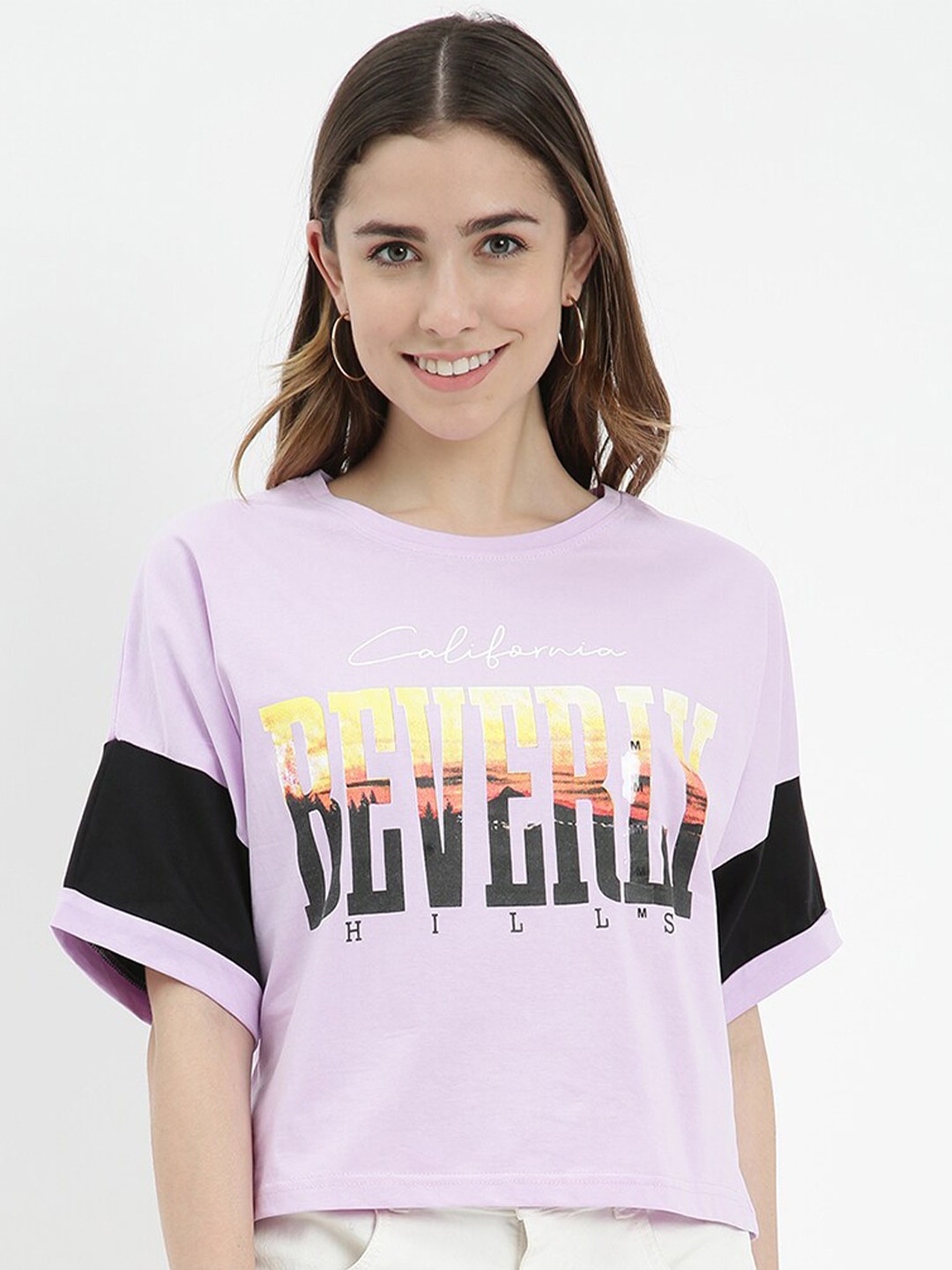 

V2 Value & Variety Women Mauve & Black Printed Extended Sleeves Cotton T-shirt