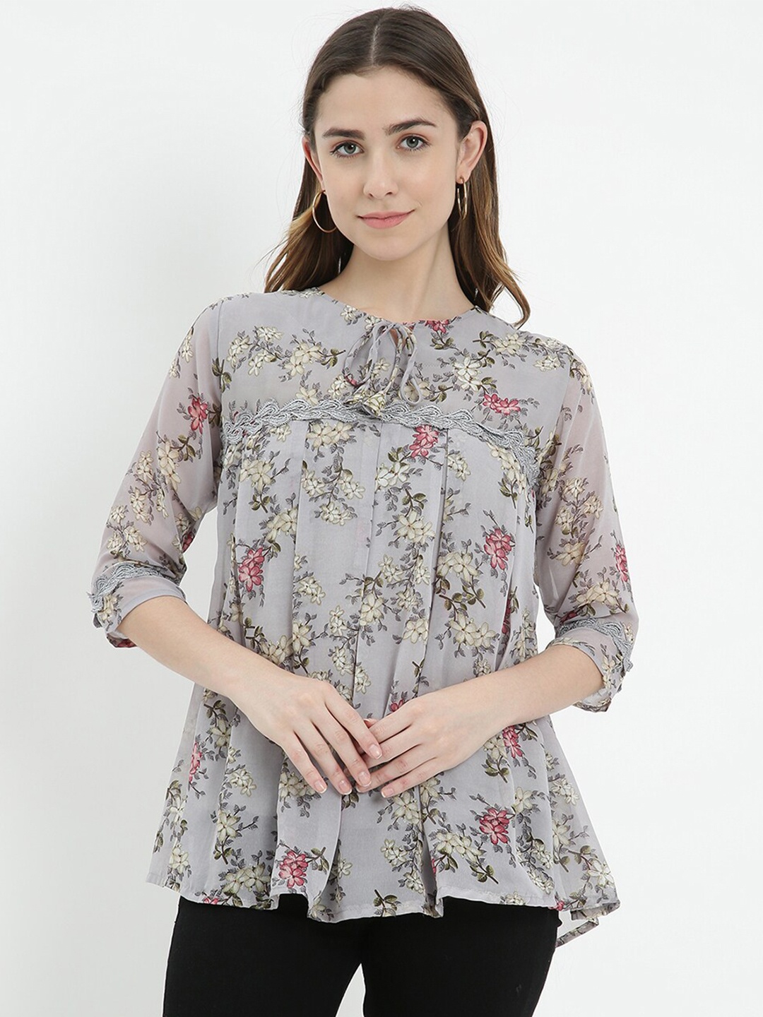 

V2 Value & Variety Women Grey & Pink Floral Print Tie-Up Neck Chiffon Top