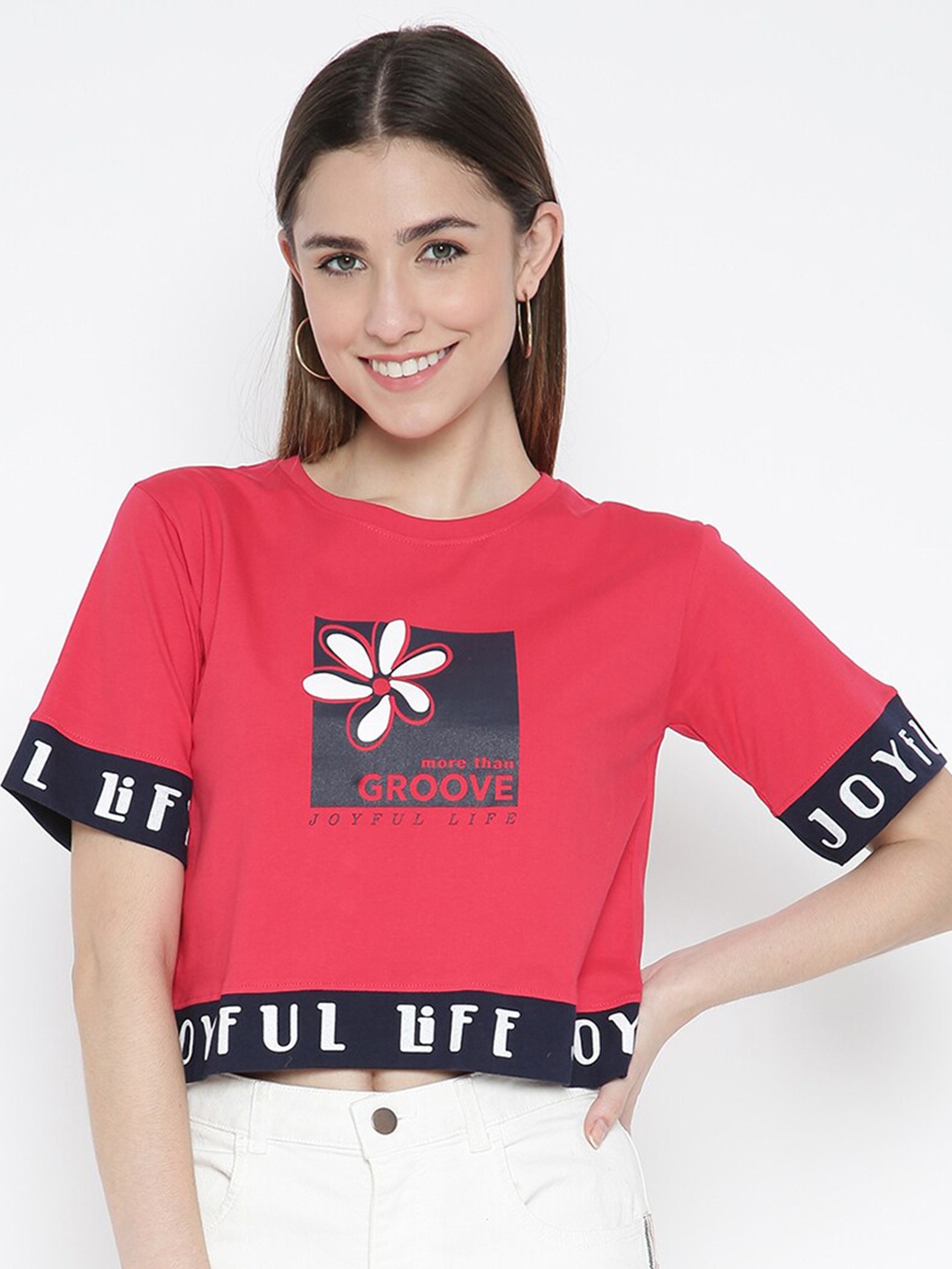 

V2 Value & Variety Women Red Typography Printed Pure Cotton T-shirt