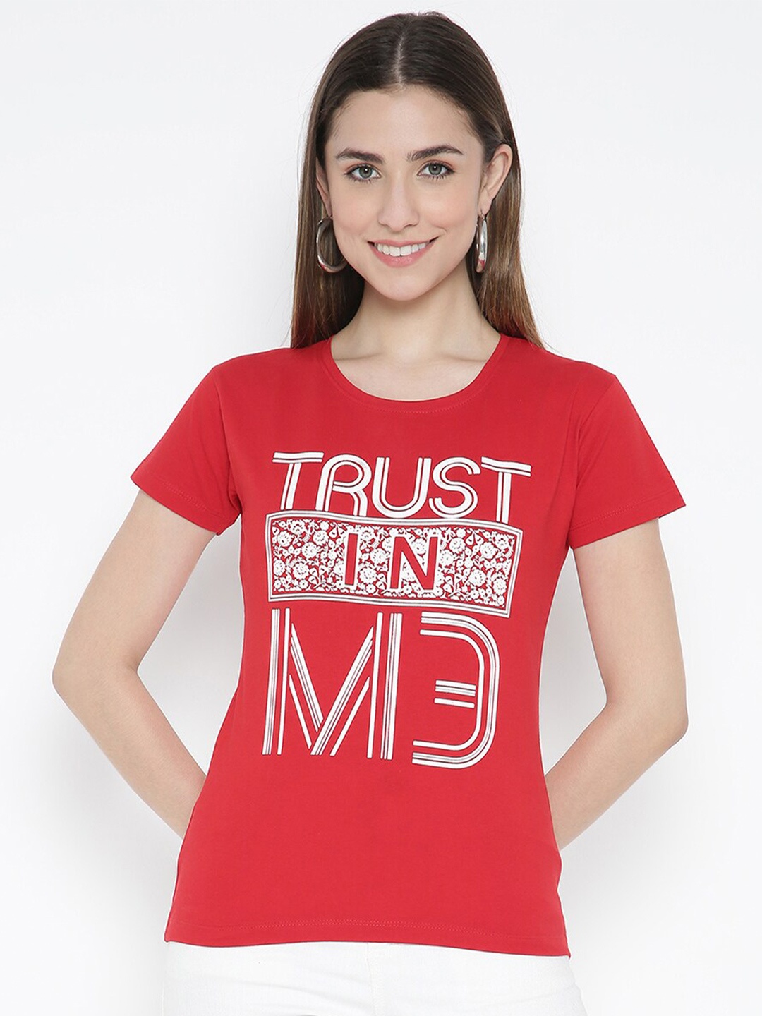 

V2 Value & Variety Women Red Typography Printed Pure Cotton Slim Fit T-shirt