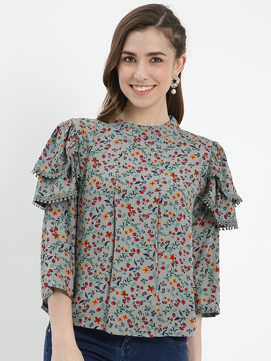 

V2 Value & Variety Grey & Red Floral Print Styled Back Top