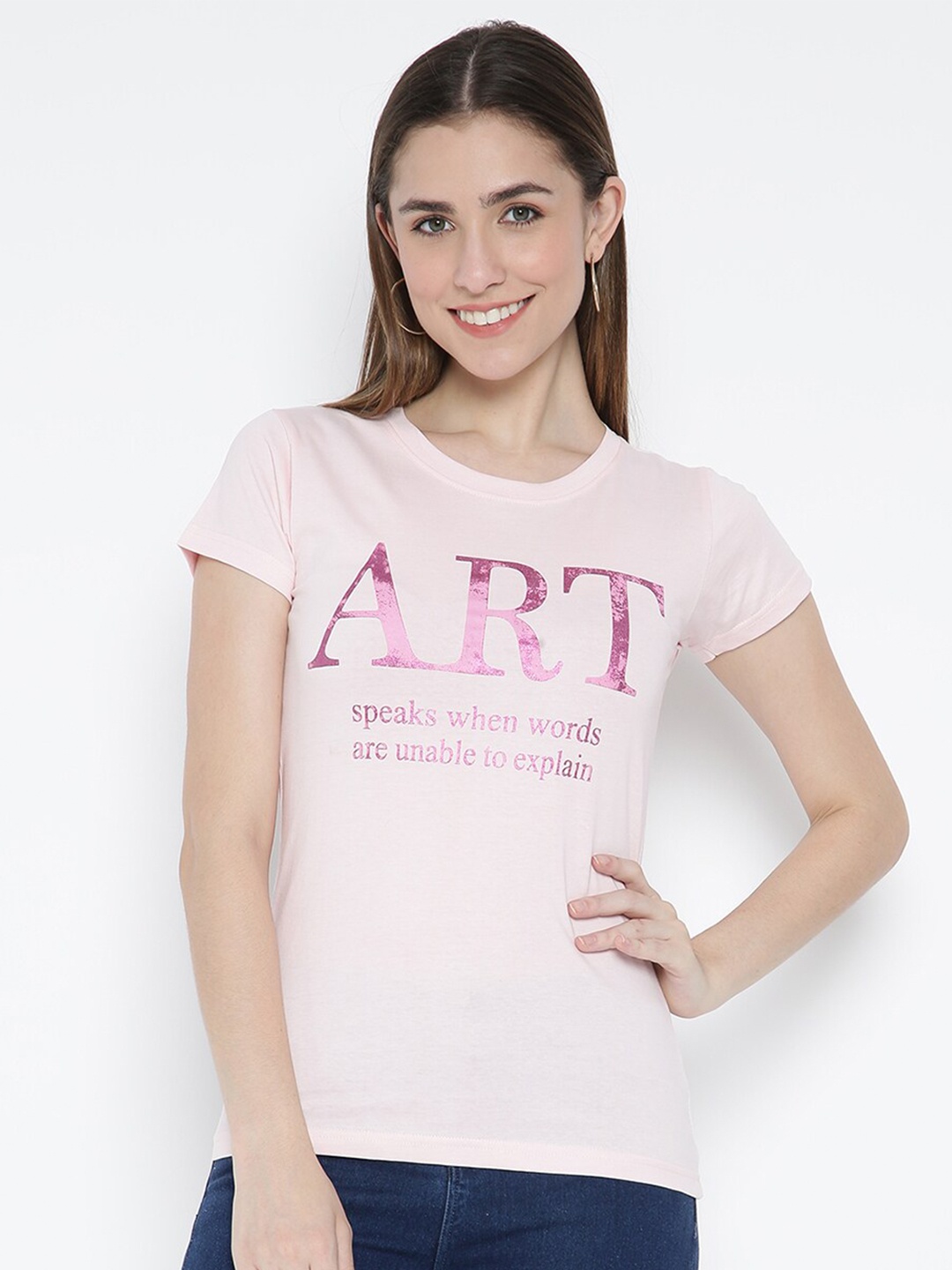 

V2 Value & Variety Women Pink Typography Printed Pure Cotton T-shirt