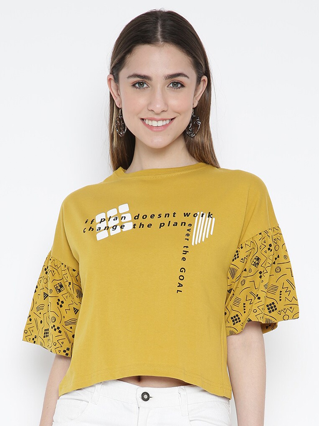 

V2 Value & Variety Women Yellow Printed Pure Cotton T-shirt
