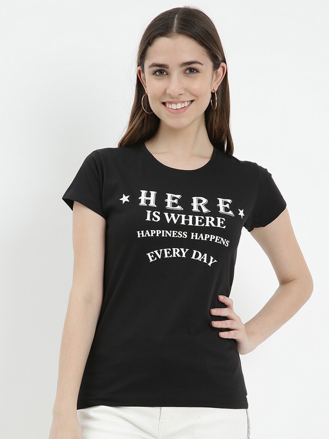 

V2 Value & Variety Women Black & White Typography Printed Pure Cotton T-shirt