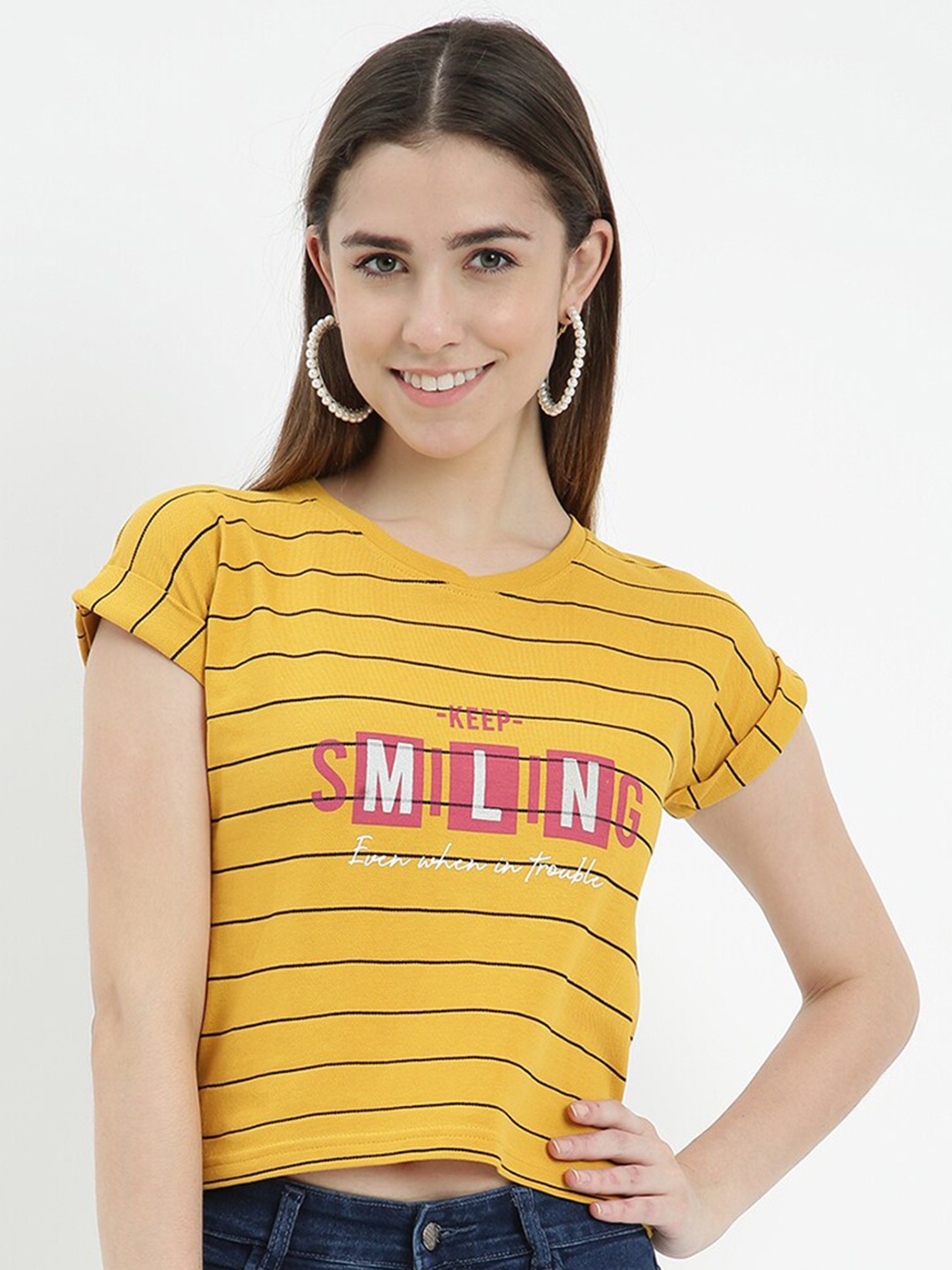 

V2 Value & Variety Mustard Yellow Striped Extended Sleeves Styled Back Top