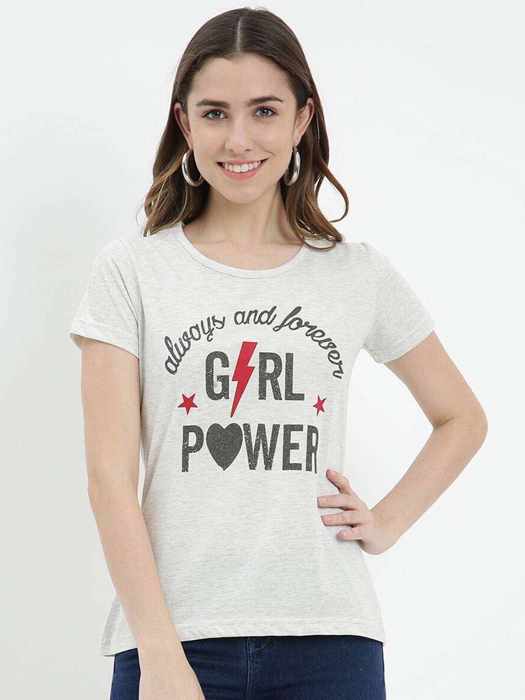 

V2 Value & Variety Women Grey & Black Typography Printed T-shirt