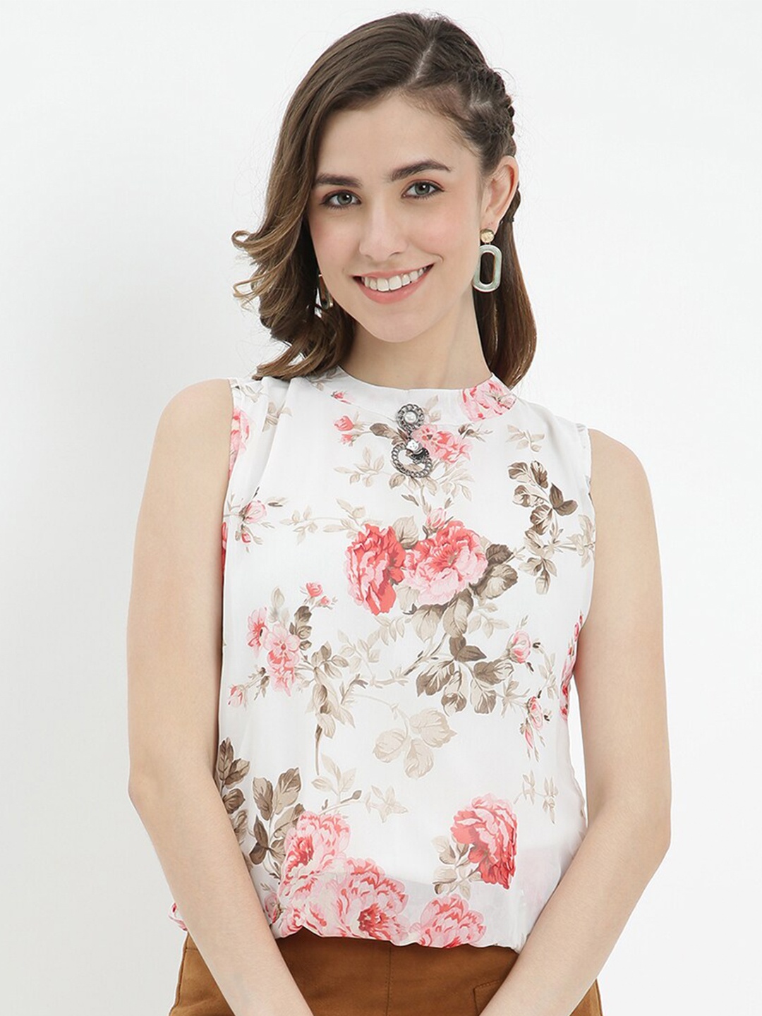 

V2 Value & Variety White & Red Floral Printed Georgette Top
