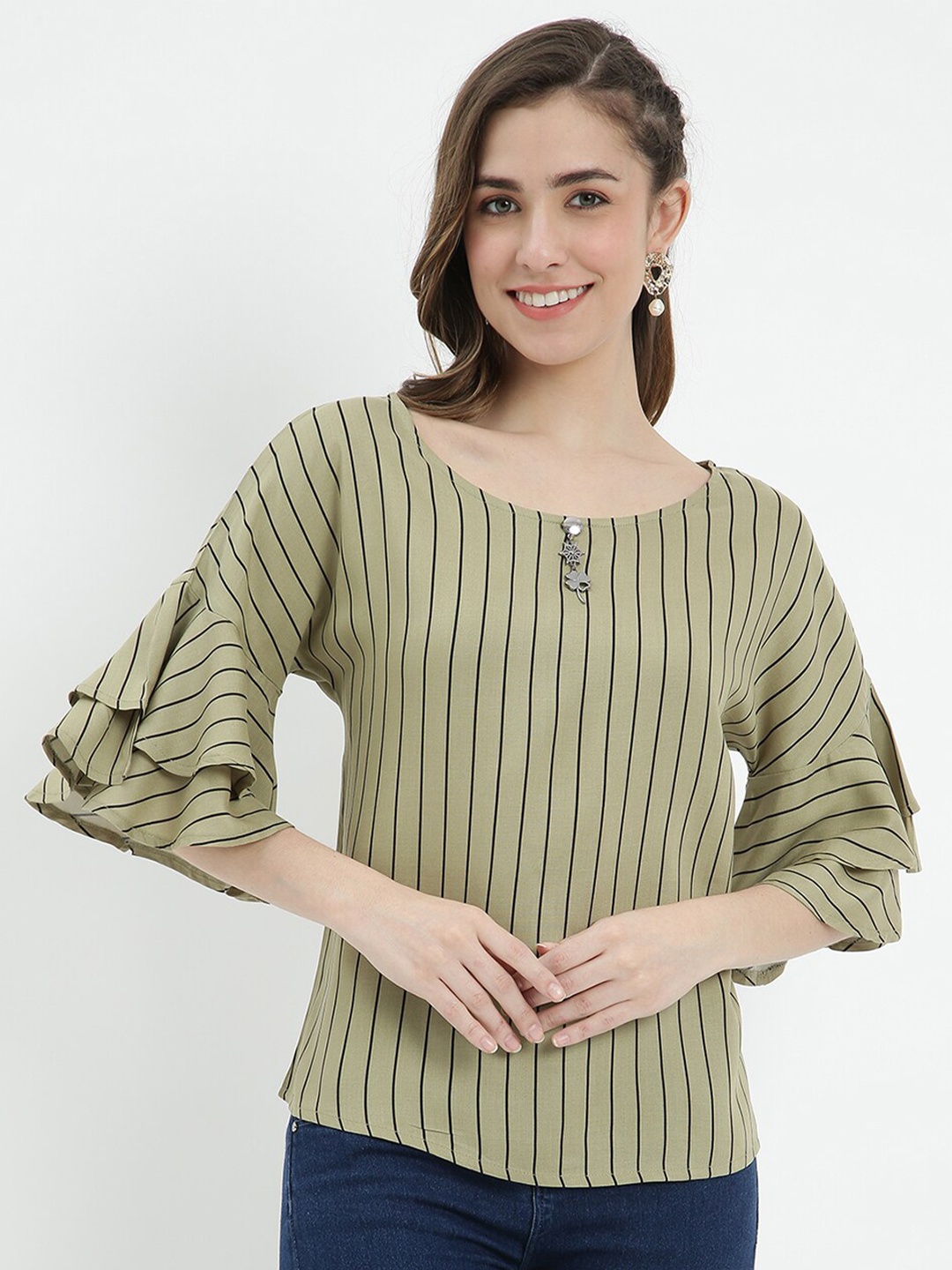 

V2 Value & Variety Green Striped Extended Sleeves Styled Back Top