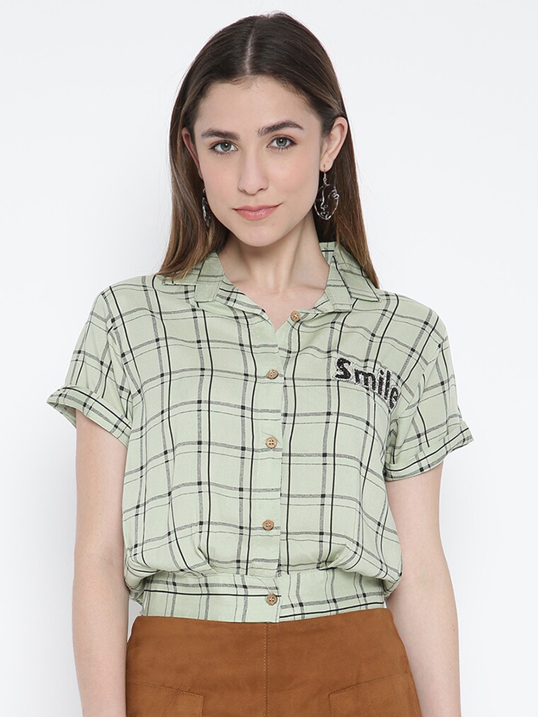 

V2 Value & Variety Green Geometric Checked Roll-Up Sleeves Top