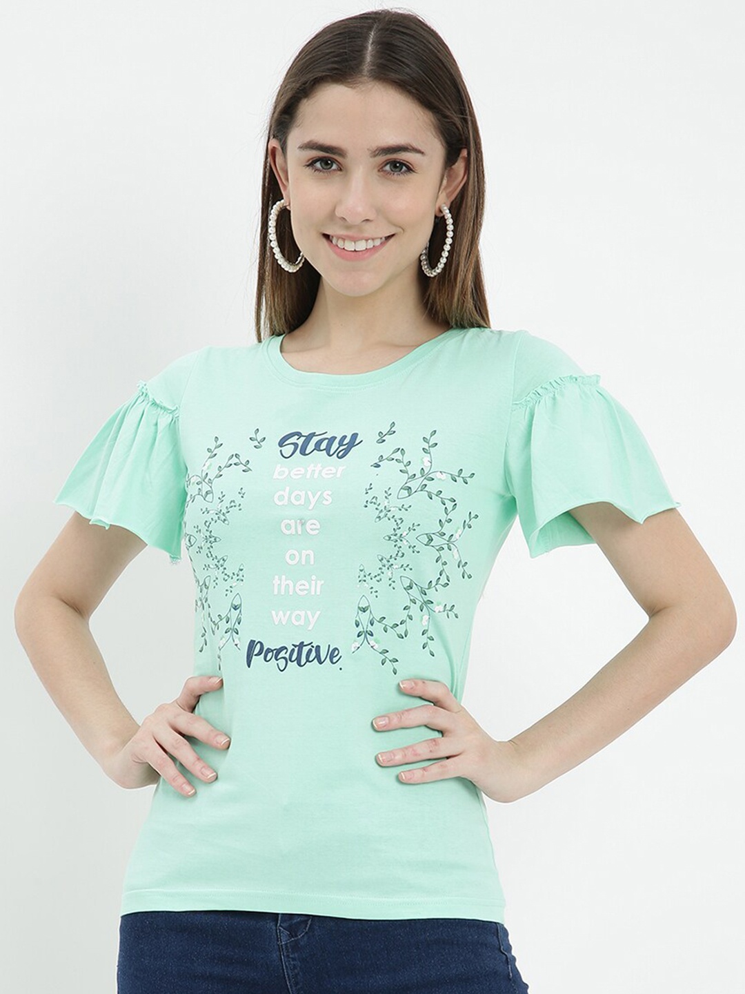 

V2 Value & Variety Women Green Print Pure cotton Top