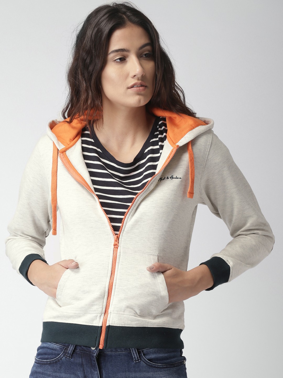 

Mast & Harbour Women Grey Melange Solid Hooded Sweatshirt