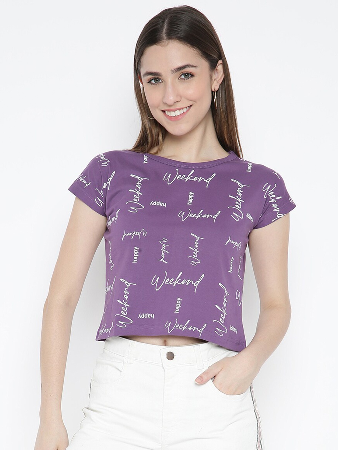 

V2 Value & Variety Purple Women Pure Cotton Print Extended Sleeves Top