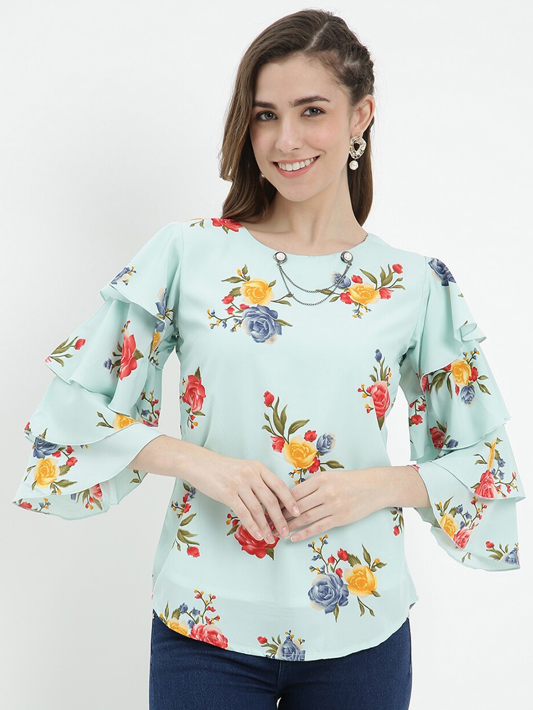 

V2 Value & Variety Women Green Floral Print Georgette Top