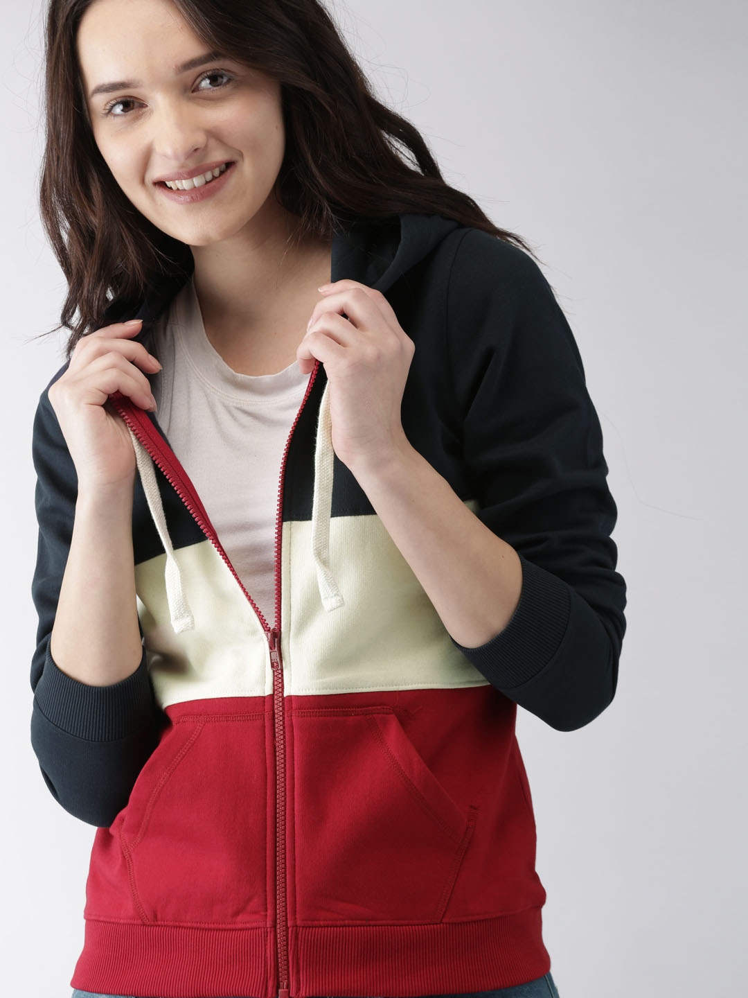 

Mast & Harbour Women Navy Blue & Cream-Coloured Colourblocked Hooded Sweatshirt
