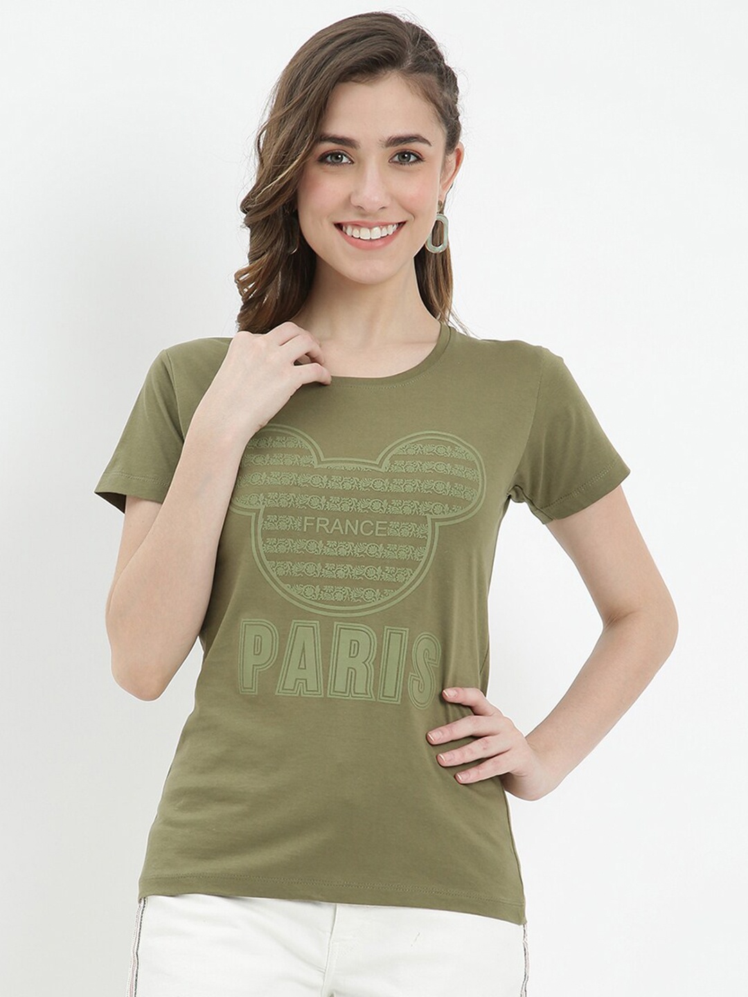 

V2 Value & Variety Women Green Typography Printed Pure Cotton Slim Fit T-shirt