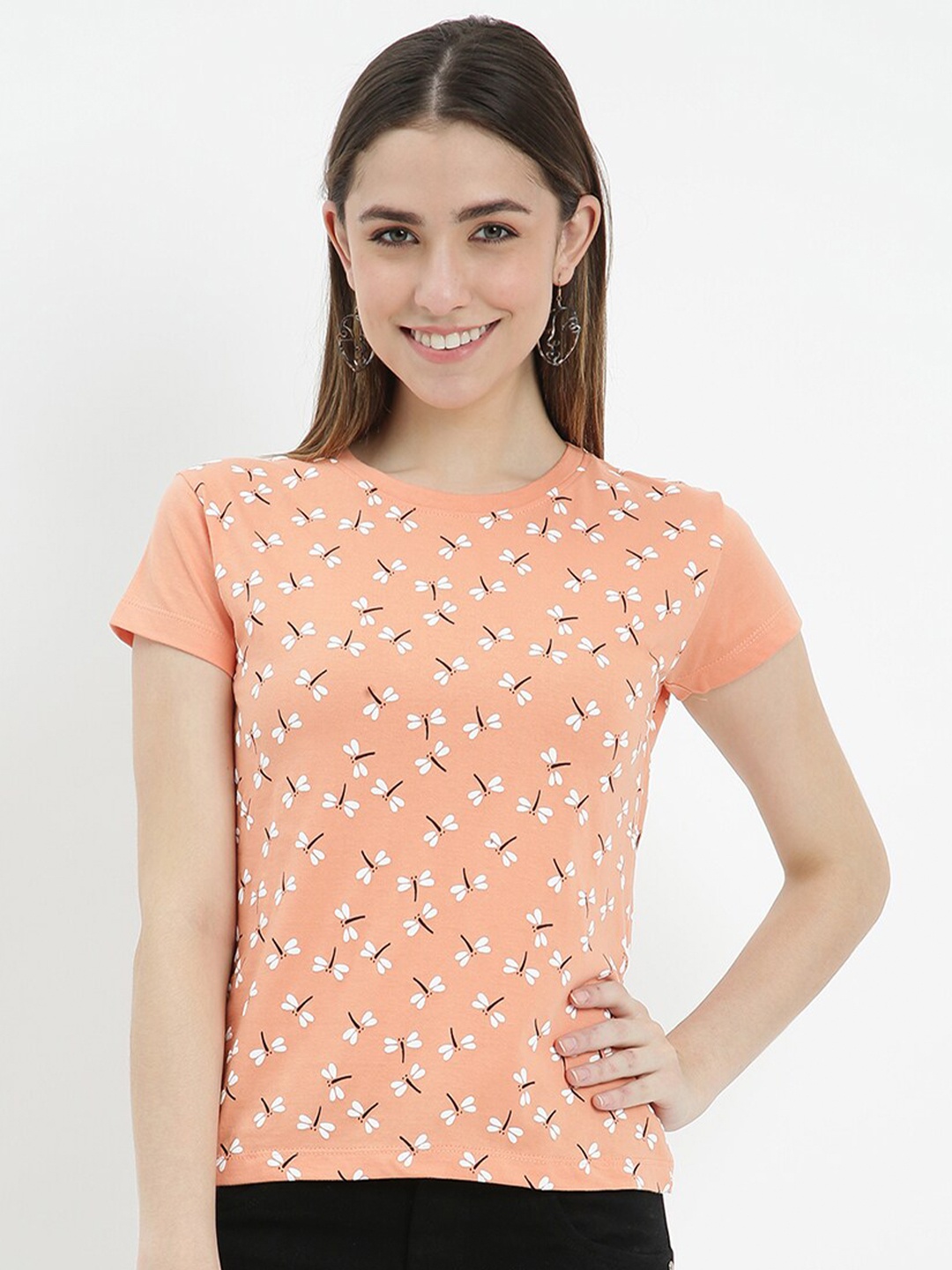 

V2 Value & Variety Orange & White Printed Round Neck Top