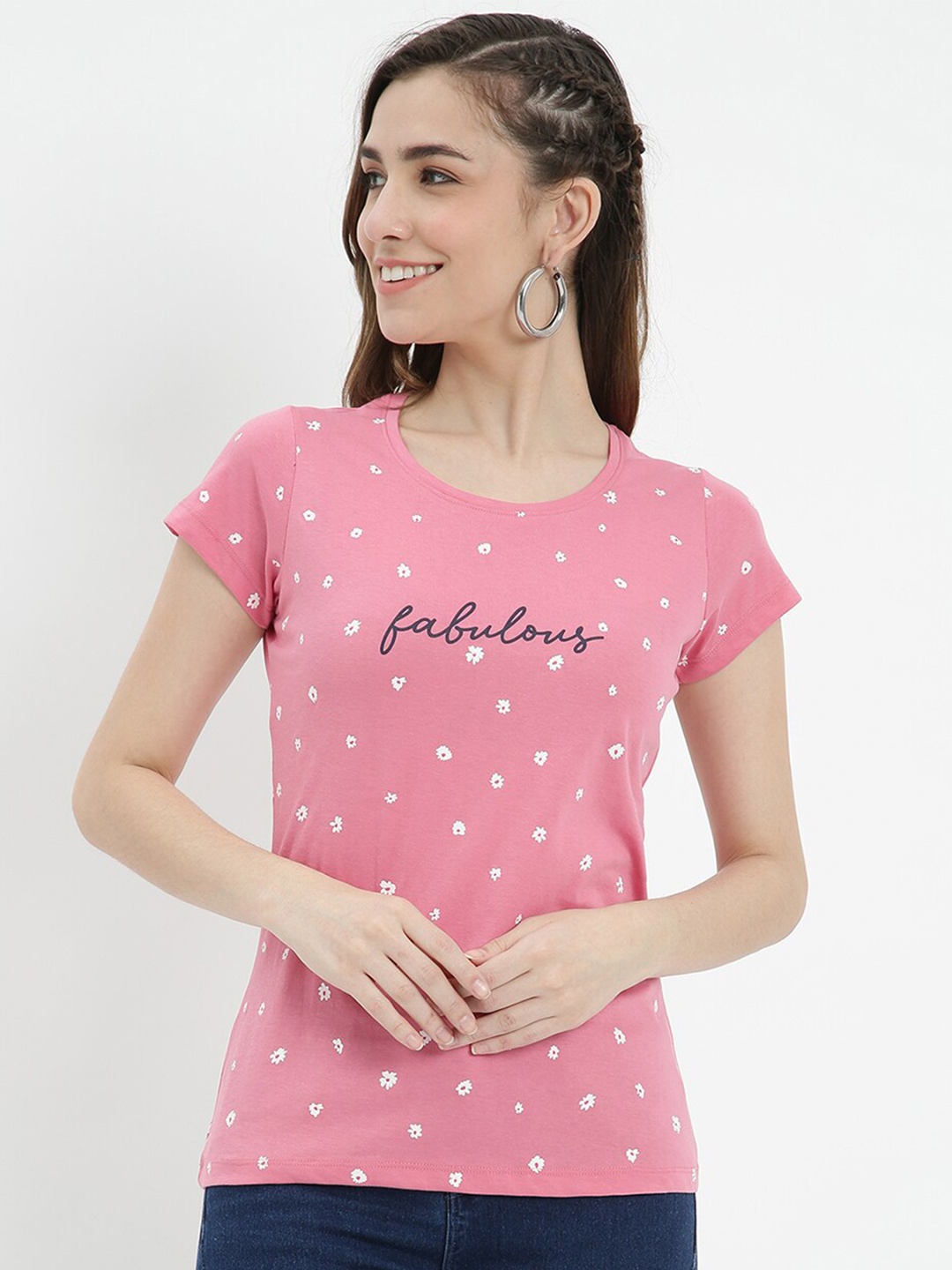 

V2 Value & Variety Women Pink & White Printed Pure Cotton T-shirt