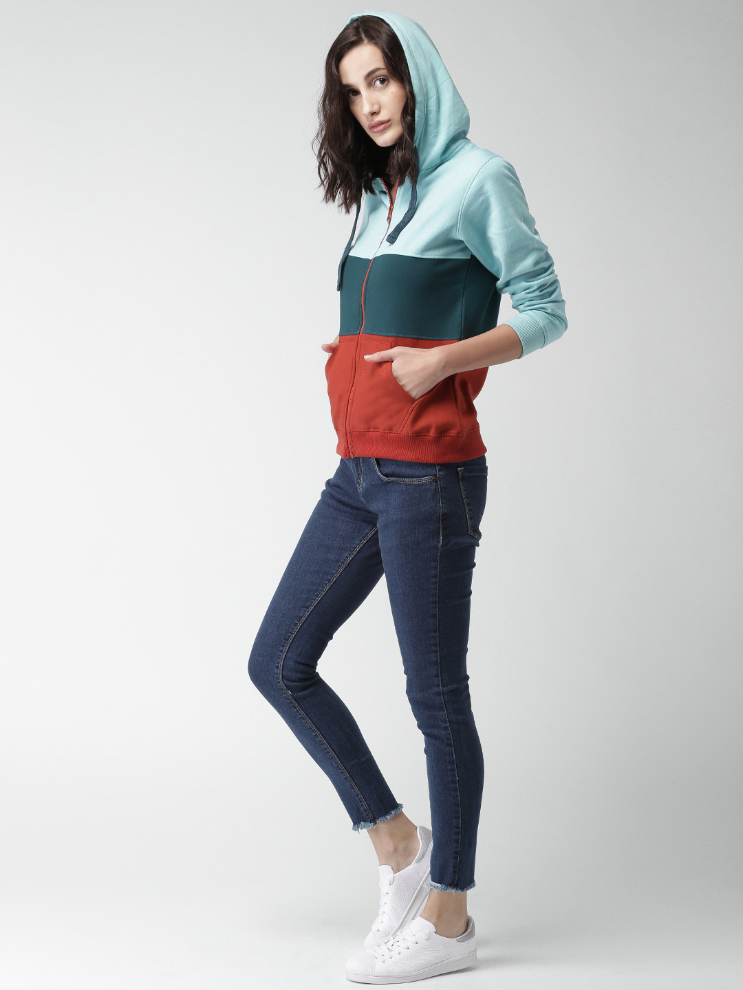 

Mast & Harbour Women Blue & Rust Red Colourblocked Hooded Sweatshirt