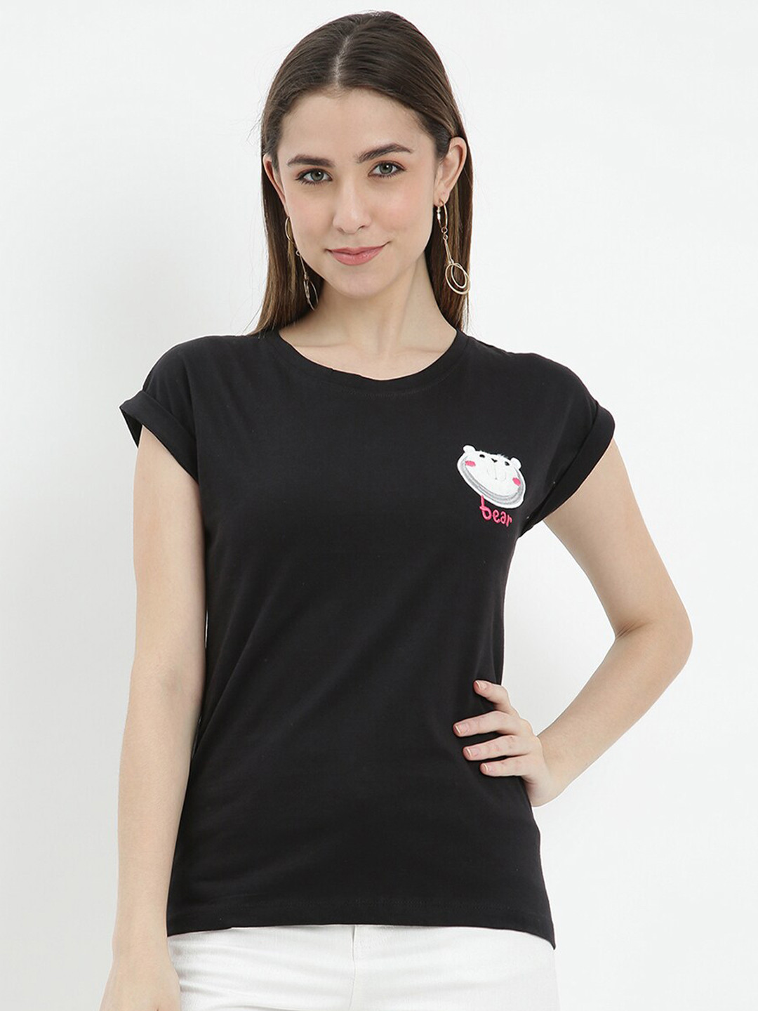 

V2 Value & Variety Women Maroon Solid Pure Cotton Regular T-Shirt, Black