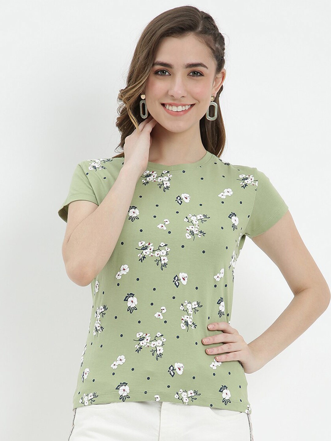 

V2 Value & Variety Green Floral Print Pure Cotton Top