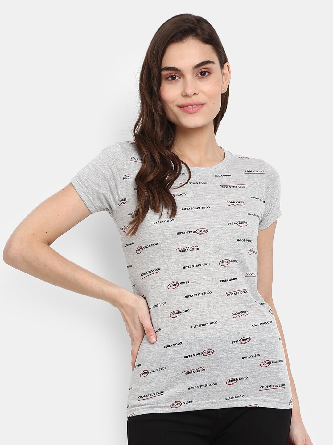 

V-Mart Women Grey Melange Printed Extended Sleeves T-shirt