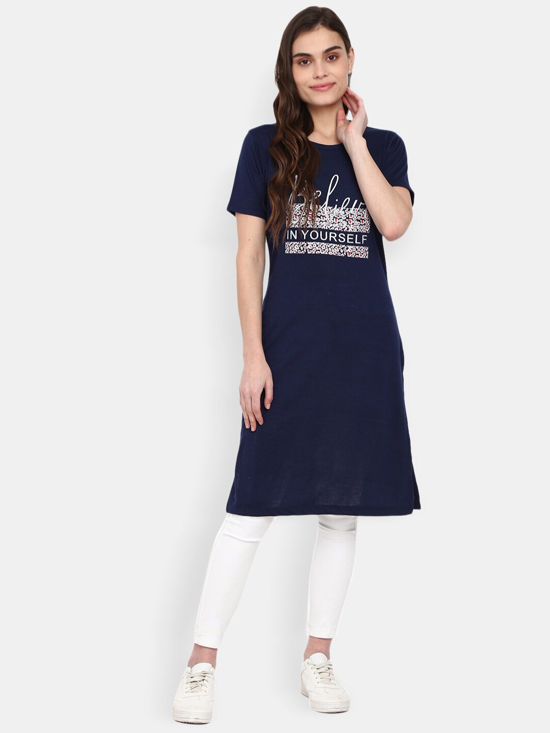 

V-Mart Women Navy Blue Typography Printed T-shirt