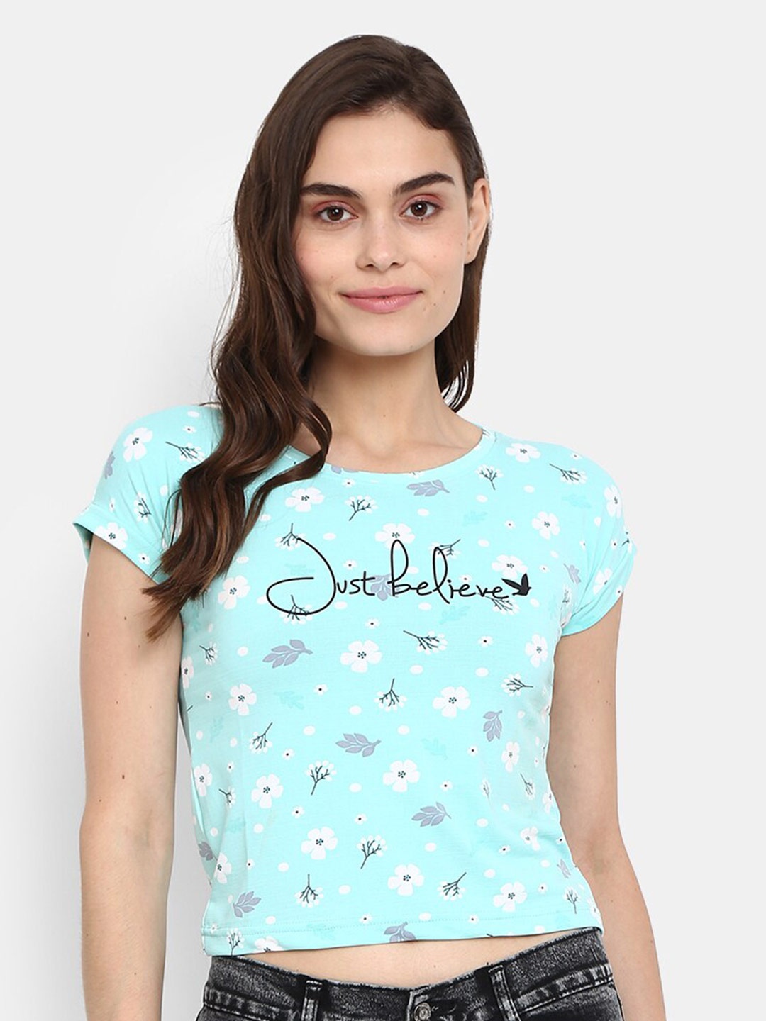 

V-Mart Women Blue Floral Printed Cotton Extended Sleeves T-shirt
