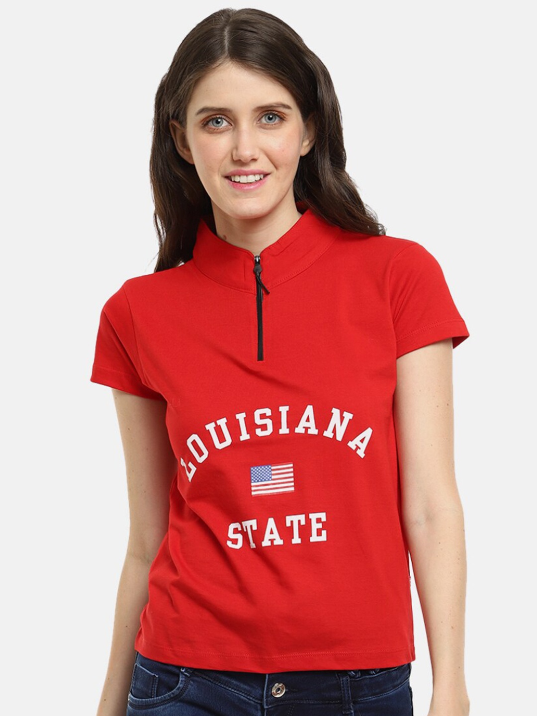 

V-Mart Women Red Typography Printed Turtle Neck Oversized T-shirt