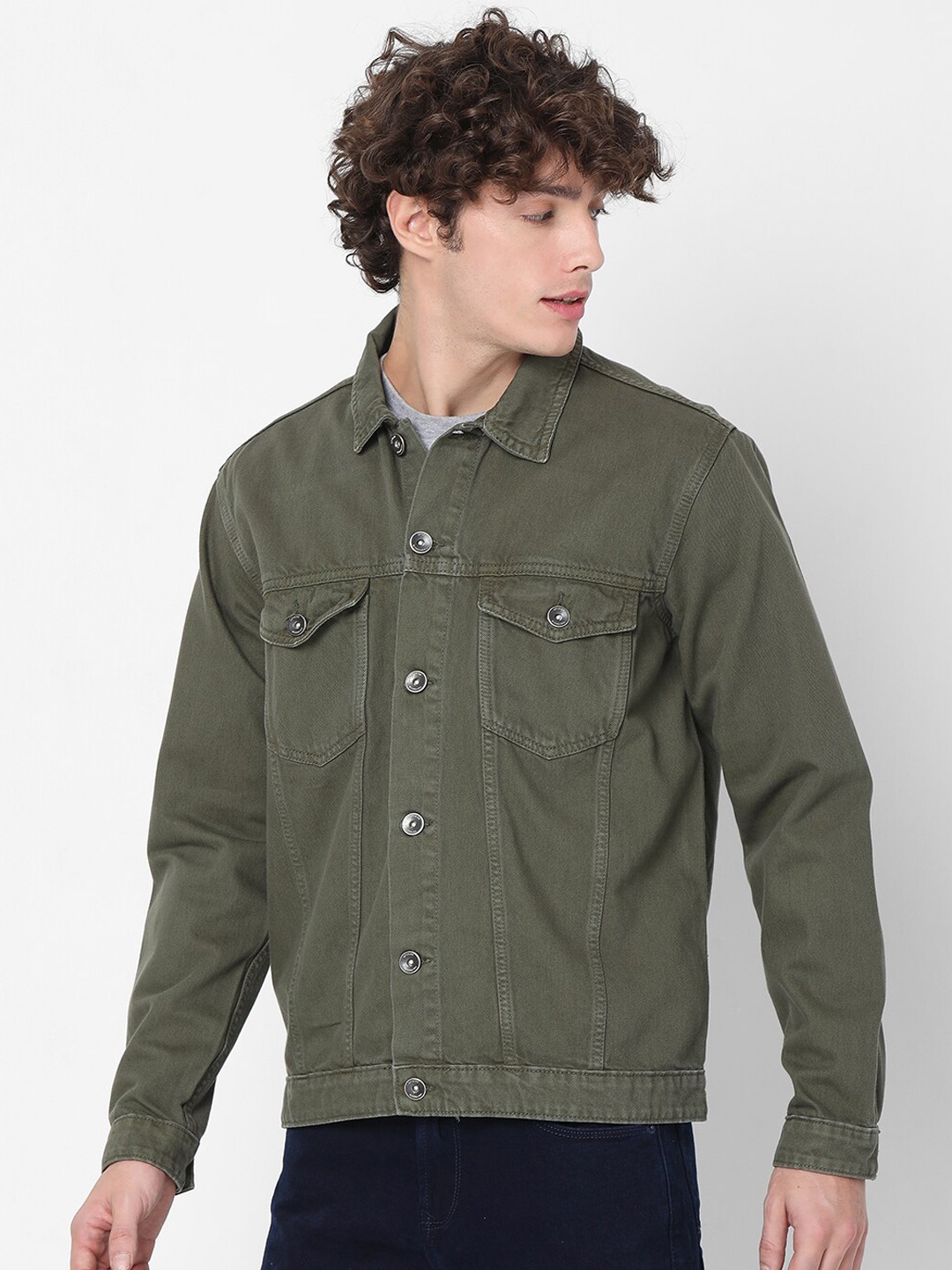 

SPYKAR Men Olive Green Washed Full Sleeved Denim Jacket