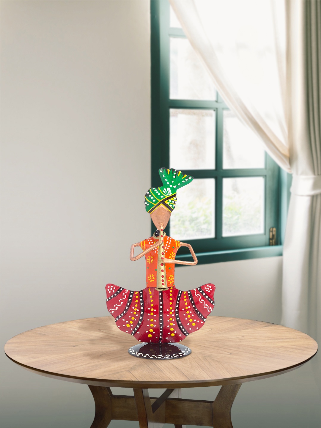 

Golden Peacock Orange & Red Handcrafted Pagdi Musicians Showpiece