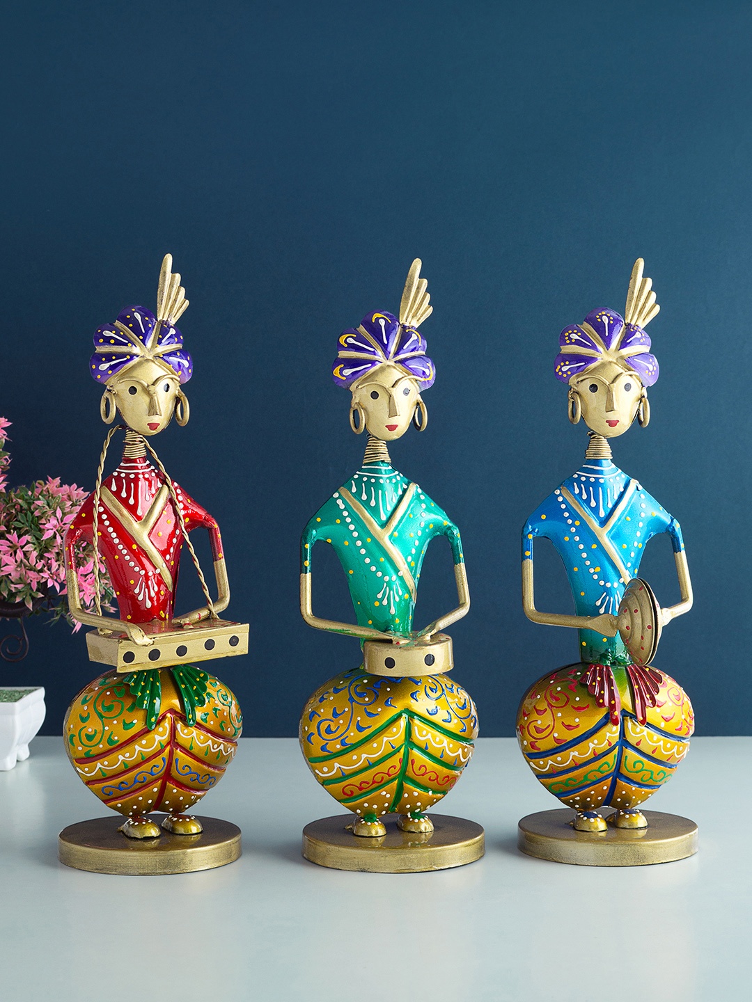 

Golden Peacock Set Of 3 Musicians Handcrafted & Handpainted Showpieces, Multi