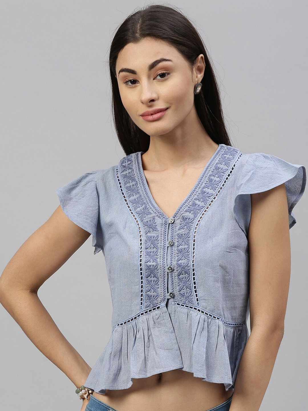 

Ishin Blue Embroidered Pure Cotton Peplum Crop Top
