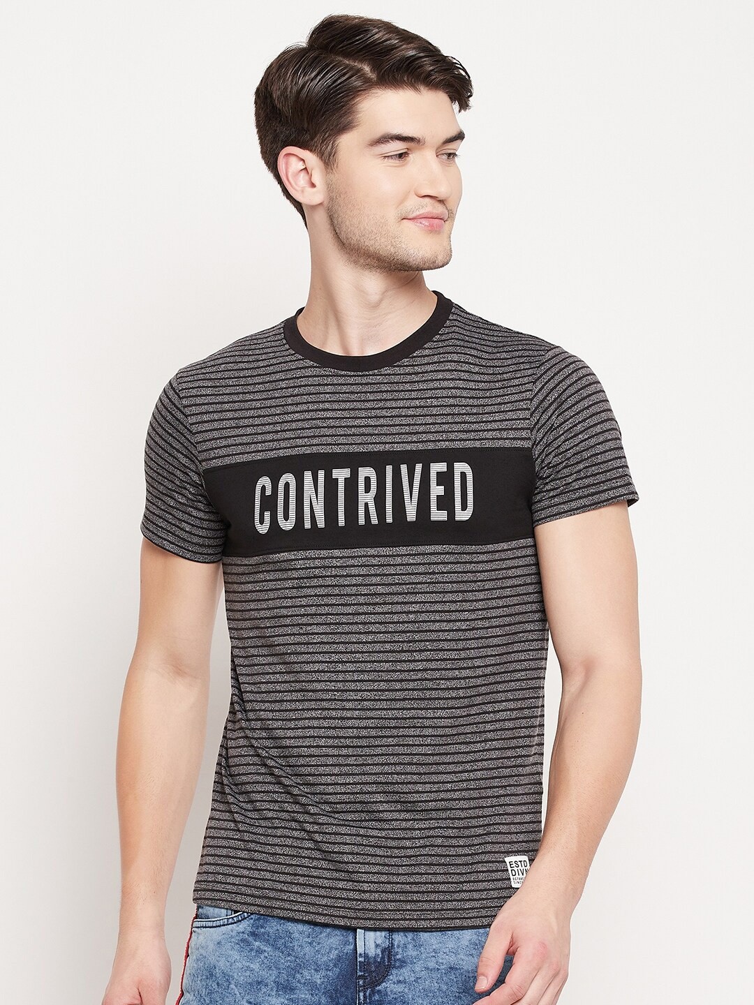 

Octave Men Grey Typography Striped T-shirt