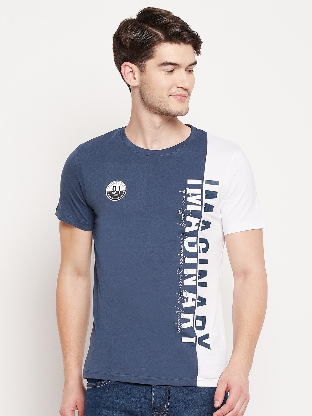 

Octave Men Blue Typography Colourblocked T-shirt