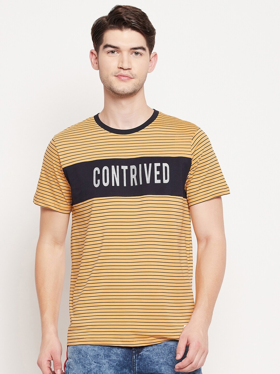 

Octave Men Mustard Yellow Typography Striped T-shirt