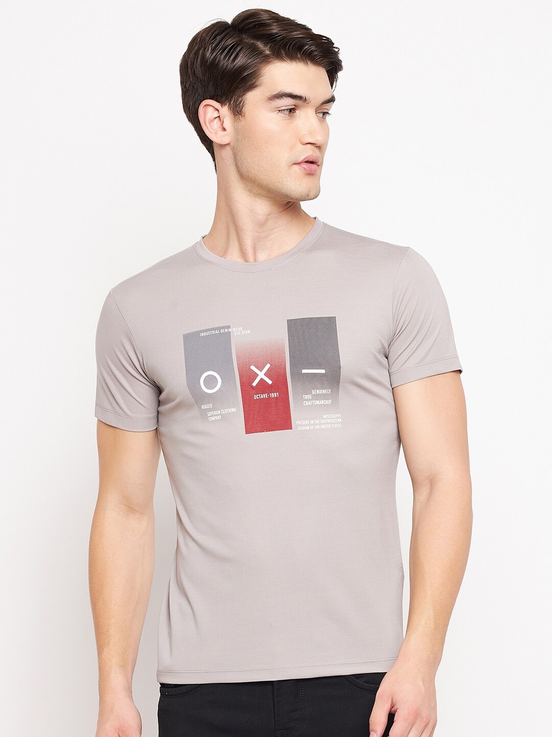 

Octave Men Grey Printed 100% Cotton T-shirt