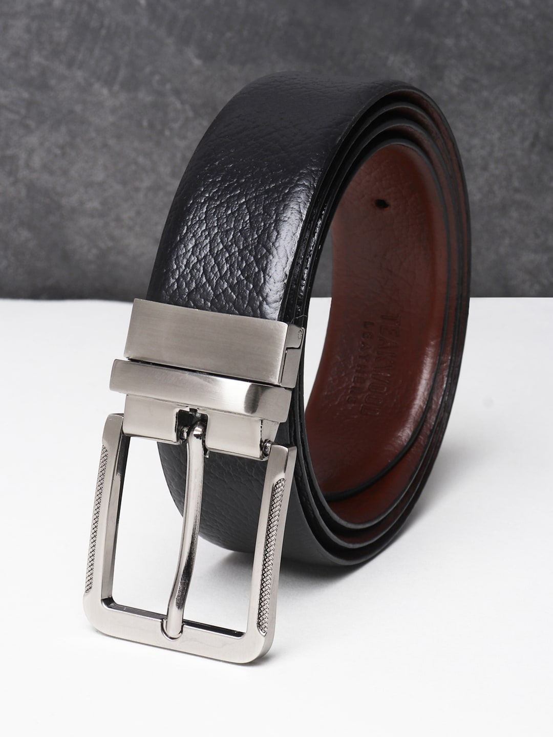 

Teakwood Leathers Men Black Textured Reversible Leather Formal Belt
