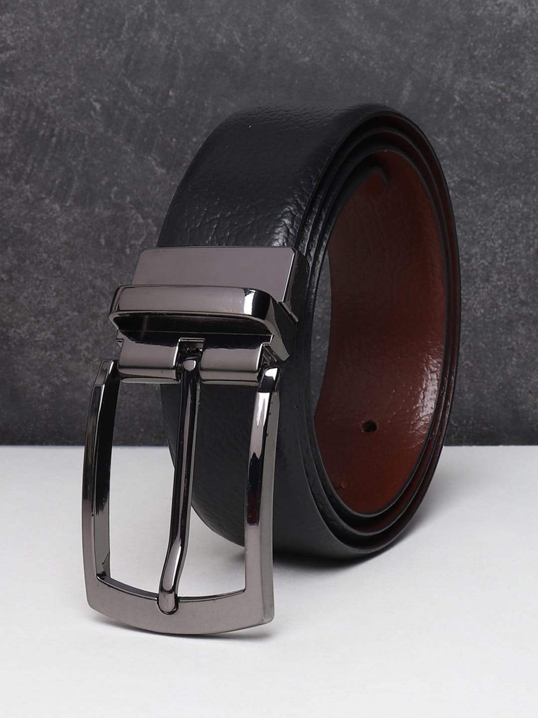 

Teakwood Leathers Men Black Textured Reversible Leather Formal Belt