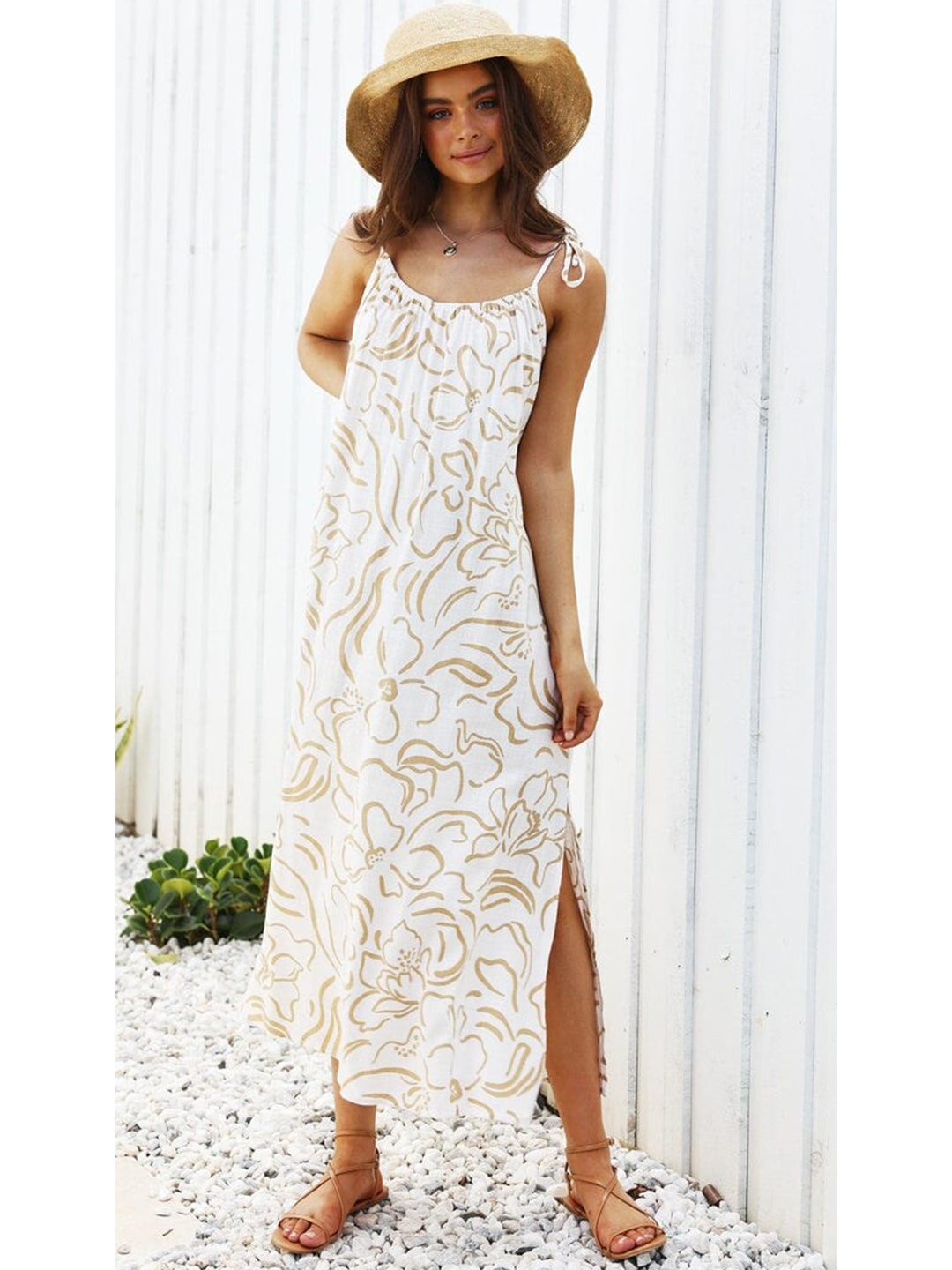 

La Aimee White & Beige Abstract Printed Maxi Dress