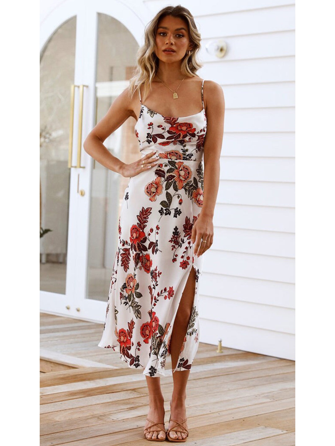

La Aimee White & Red Floral Printed Midi Dress