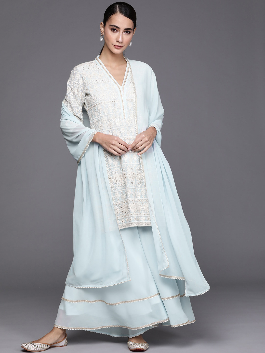 

Libas Women Blue Floral Embroidered Pleated Kurta with Sharara & With Dupatta